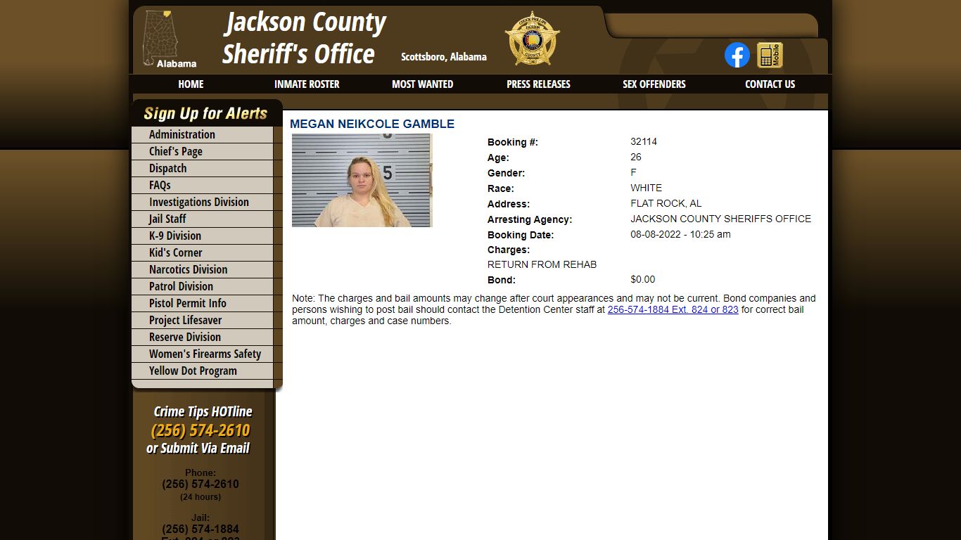 View Roster - MEGAN NEIKCOLE GAMBLE - Jackson County Sheriff's Office